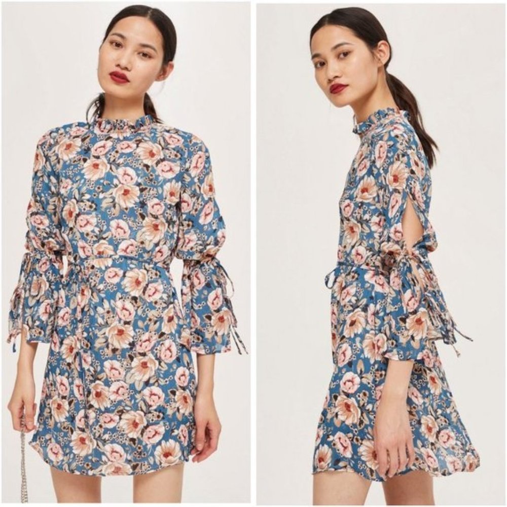 Topshop Blue Peony Floral Tie Sleeve Skater Dress